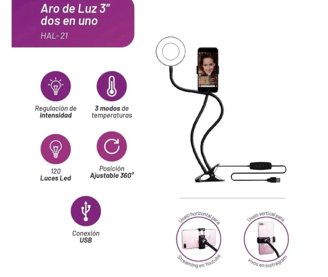 ARO DE LUZ CON SOPORTE PARA MESA